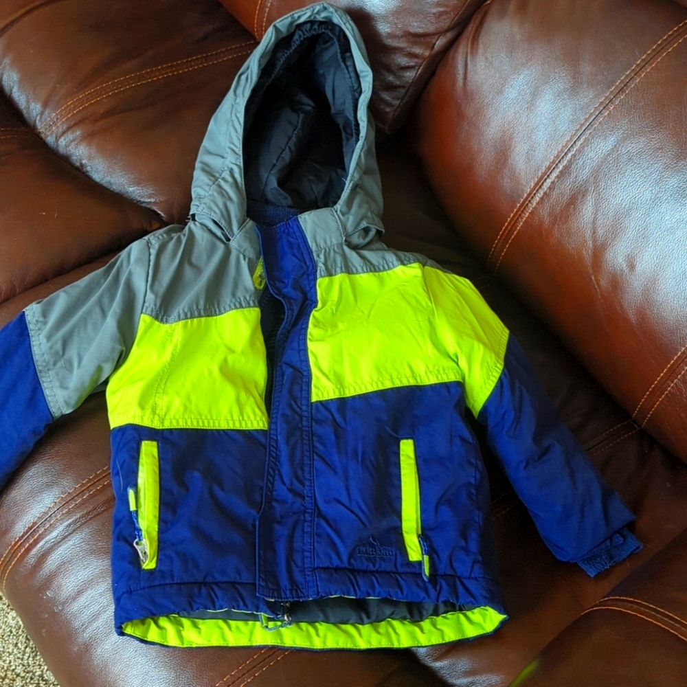 L.L. Bean Kids Colorblock Hooded Winter Jacket - Navy, Neon Yellow, Gray